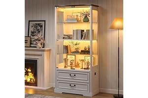 TAGELIER 67" Tall Display Cabinet with Glass Doors and 2 Drawers, Adjustable Glass Height Bookcase, Curio Cabinet with 3 LED Lights and Human Body Sensor (White)