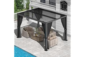 GS CHIER 10' ×13' Outdoor Louvered Pergola, Aluminum Outdoor Louvered Pergola Patio with Adjustable Roof for Outdoor Deck (Black with Curtain)