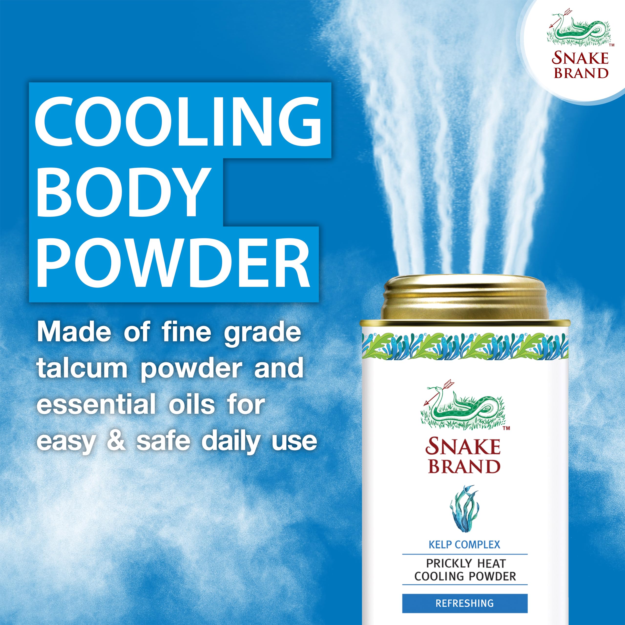 SNAKE BRAND Prickly Heat Cooling Powder for Everyday Use - Anti-Chafing, Heat Rash Relief, Ocean Fresh Kelp Scent (4.9 Oz / 140g)