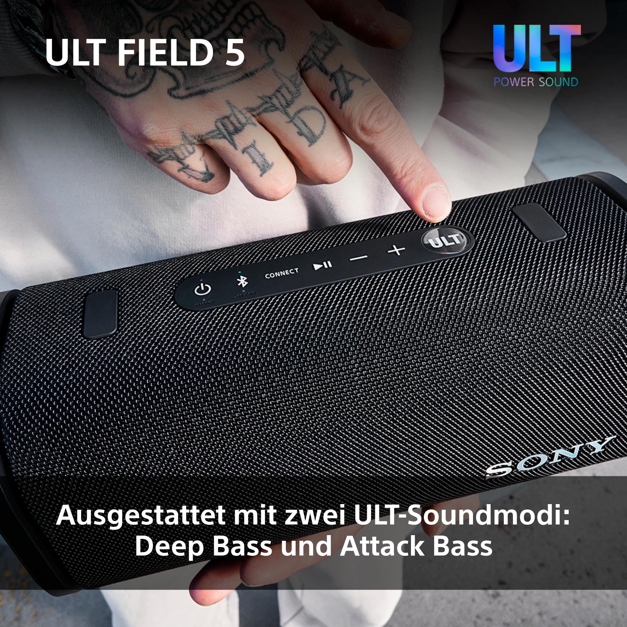 Sony ULT Field 5 - Leistungsstarker tragbarer Bluetooth-Lautsprecher, 25-Stunden-Akku, 2 x ULT Power Sound Modi, IP67, wasserdicht, staubdicht, 360° Lichter, Abnehmbarer Schulterriemen - Schwarz 4