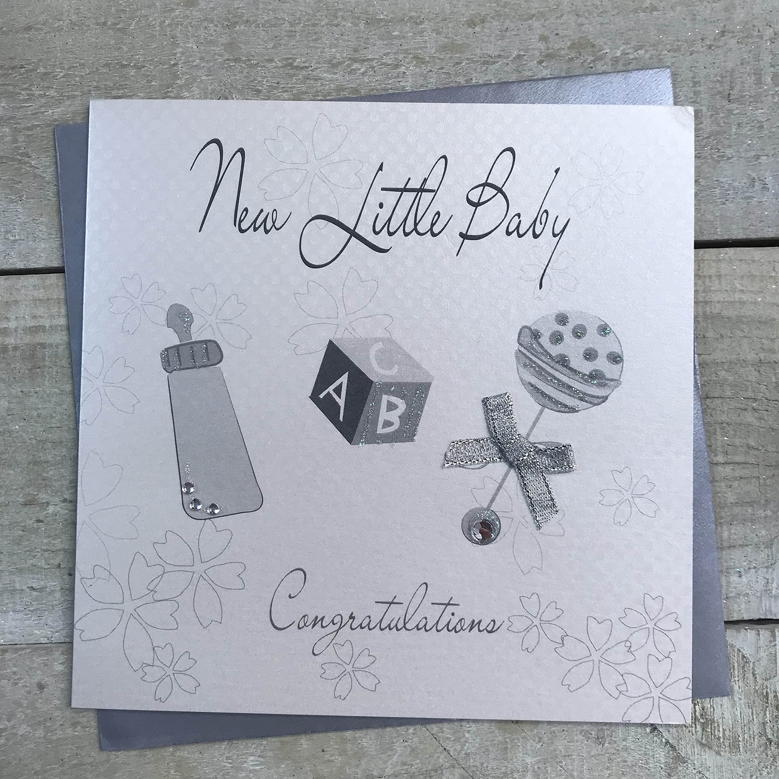 WHITE COTTON CARDS WB236 Silver Rattle Handmade New Little Baby Card, White