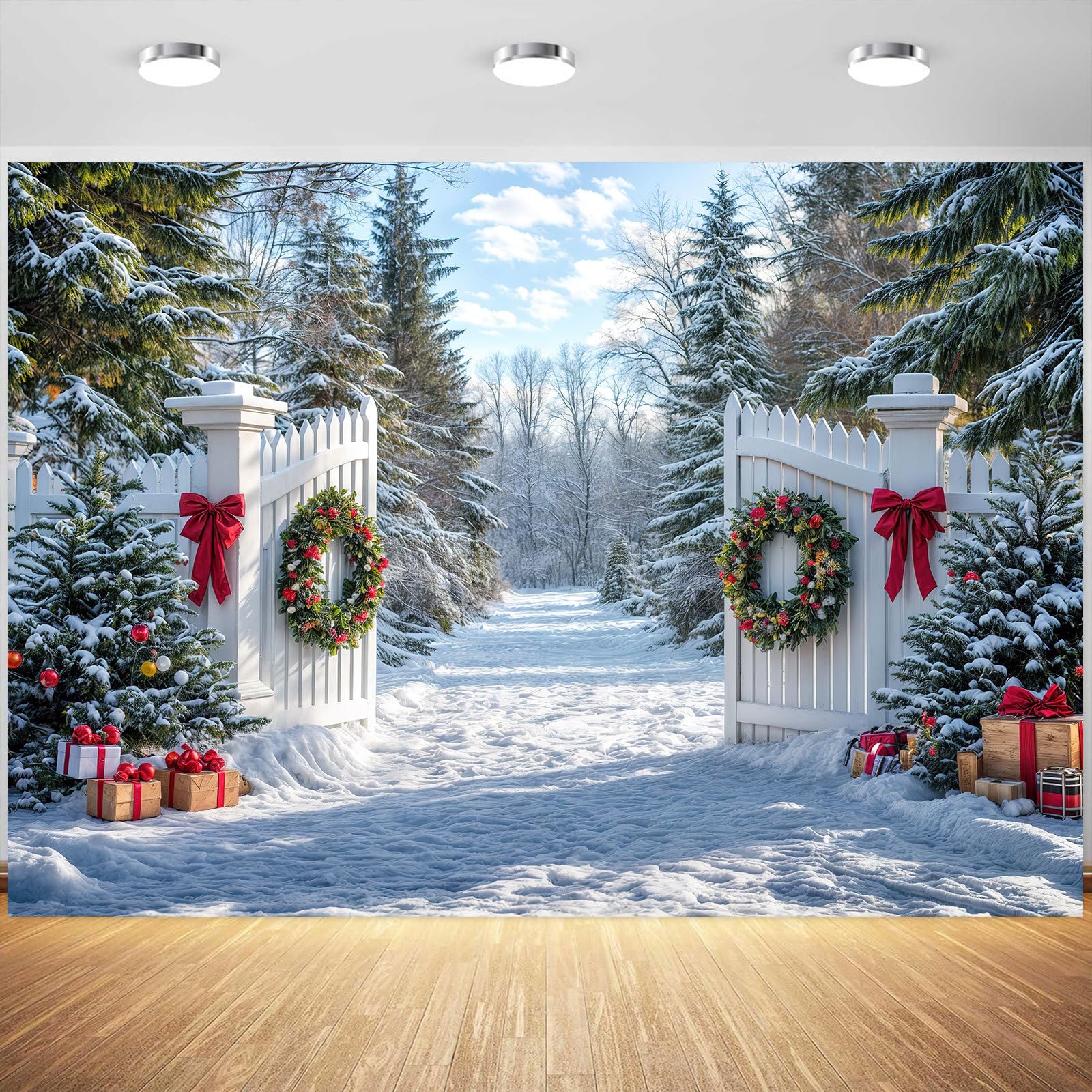 Photo 1 of 10x8ft Winter Snow Forest Backdrop Christmas Backdrop White Xmas Trees Scene Photography Background for New Year Party Decorations Banner Holiday Photo Background Photo Props