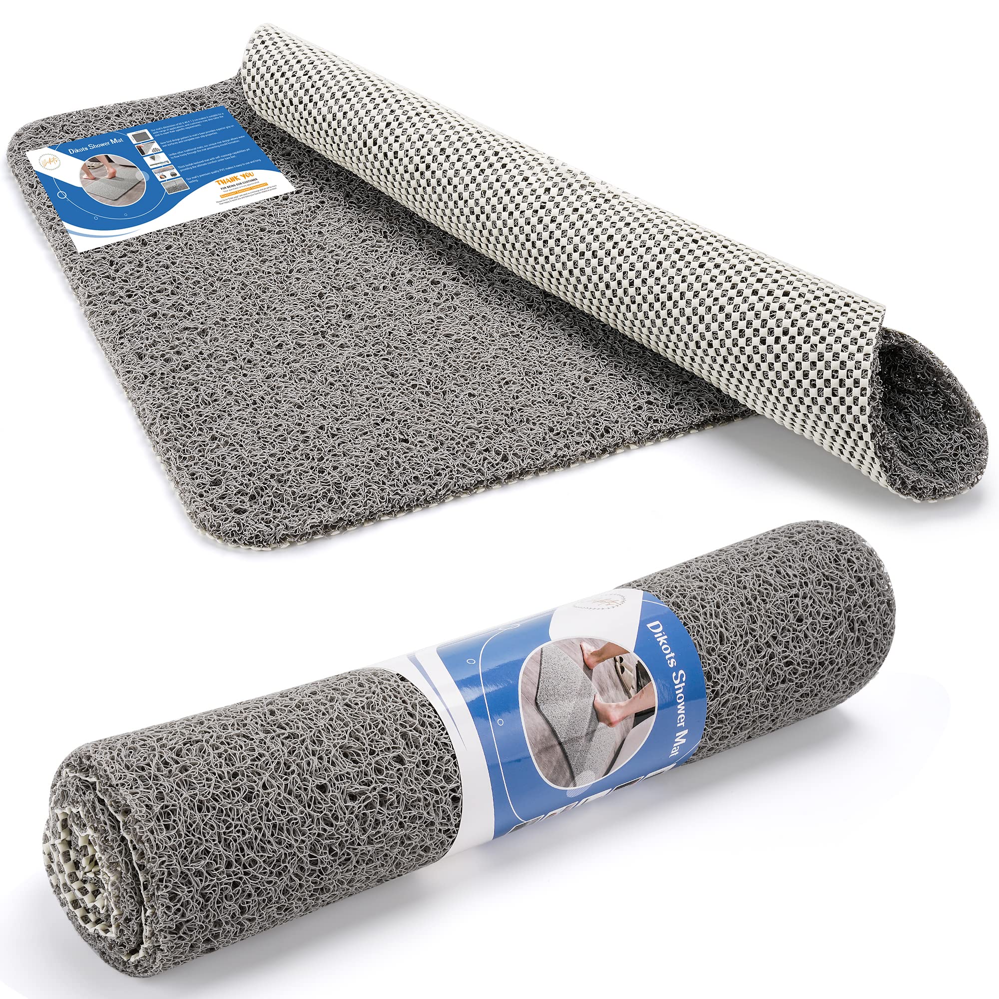 Dikots Soft Shower Bath Mat - Non Slip, Anti Mould 60 x 40 cm - Grey Loofah Style PVC Mat for Inside Shower - Washable, Quick Drying, Suitable for Wet Surfaces