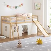 Spirich Solid Wood Kids Twin Loft Bed with Slide and Under-Bed Play Curtain | Low Loft Bed, Soft &amp; Breathable Bed Tent, 3-Step Ladder, No Box Spring Needed for Kids Room, Bedroom, Playing &amp; Relaxing