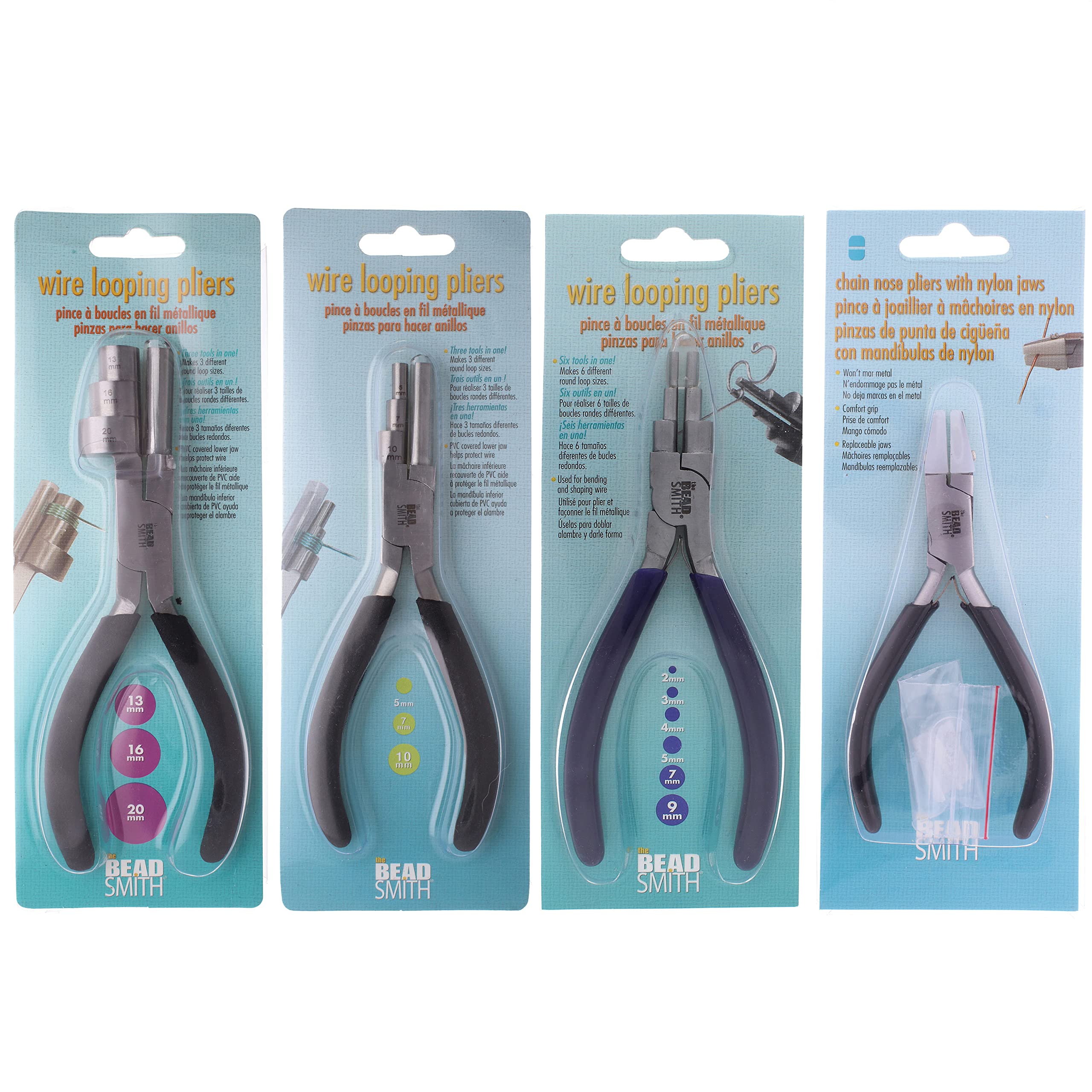 The Beadsmith Wire Working Combo – 3 Different Wire Wrapping Bending Pliers and Double Nylon Jaw Chain Nose Pliers – Use to Create Loops, Jump Rings & Protect Wire While Jewelry Making – 4 Piece Set