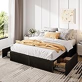SHA CERLIN Queen Platform Bed Frame with 2 Large Storage Drawers - Heavy Duty Metal & Rustic Wood, Noise-Free, No Box Spring Needed, Black