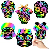 WATINC 60pcs Day of the Dead Skull Scratch Cards Art Hanging Ornaments, DIY Sugar Skull Color Card Craft Kit for Dia De Los Muertos Halloween School Party Supplies Decorations for Kids Adults