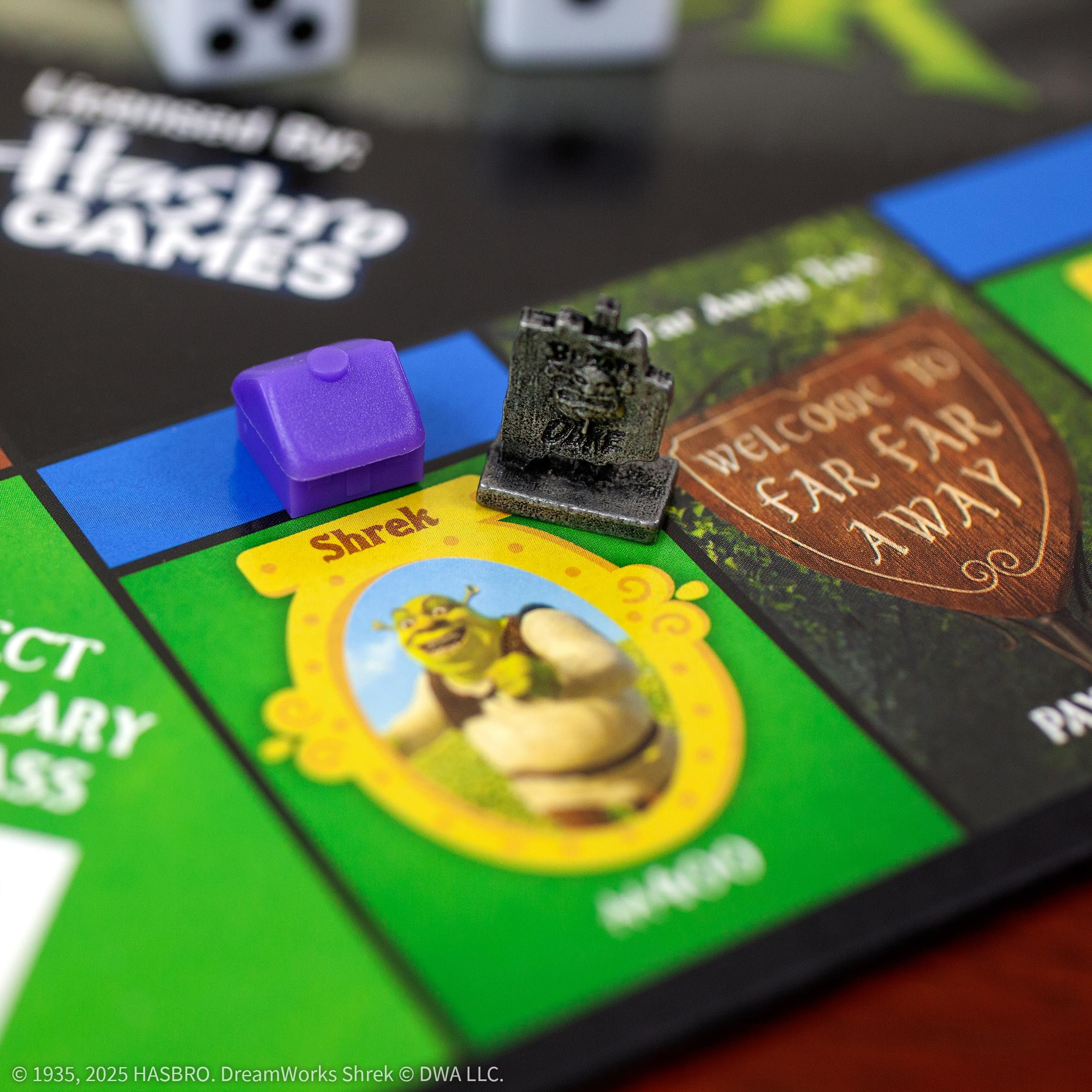 MONOPOLY: Shrek Edition Board Game, Buy, Sell & Trade, Iconic Fairy Tale Characters like Shrek, Donkey, Puss n Boots & More, Classic Family Game for Ages 8+, Officially Licensed DreamWorks Merchandise