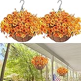 Orgrimmar 2 Pack Artificial Fall Mums Hanging Basket - UV Resistant Fake Hanging Plants with Realistic Silk Mums & Eucalyptus, Coconut Lining Baskets for Home Porch Balcony Patio Yard (Orange)