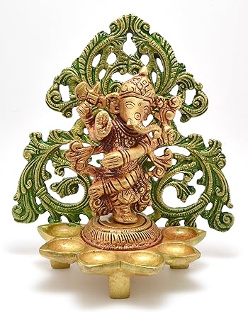 Two Moustaches Brass Dancing Ganesha Design Diya (Yellow_6 Inchx 3 Inch X 7 Inch)