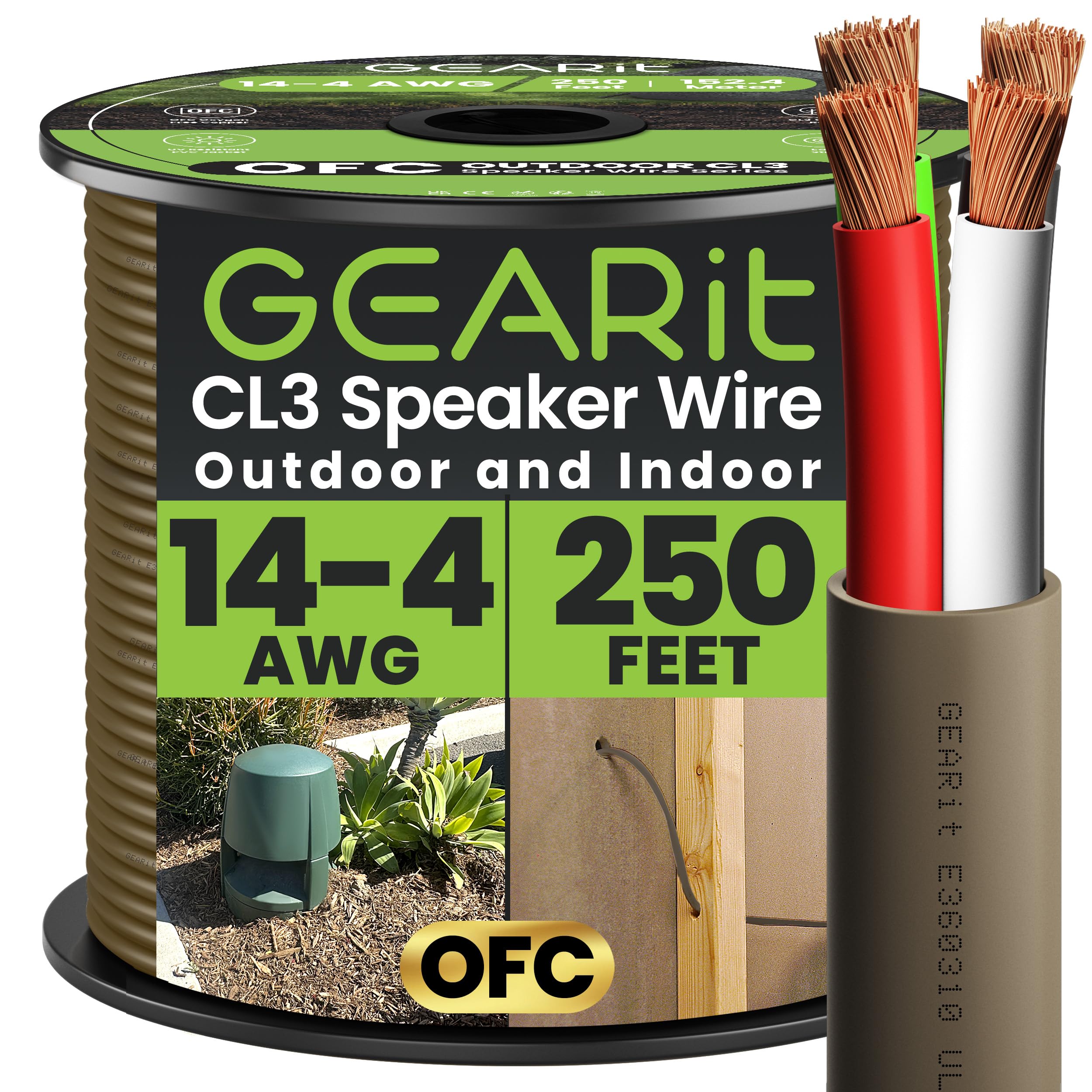 GEARit Outdoor Speaker Wire CL3 Rated, 14 Gauge Speaker Wire, Speaker Cable 250 ft for Outdoor Speakers, Patio, Garden, Backyard Audio, Direct Burial in Ground/in Wall, OFC (Brown, 4-Conductors) Image