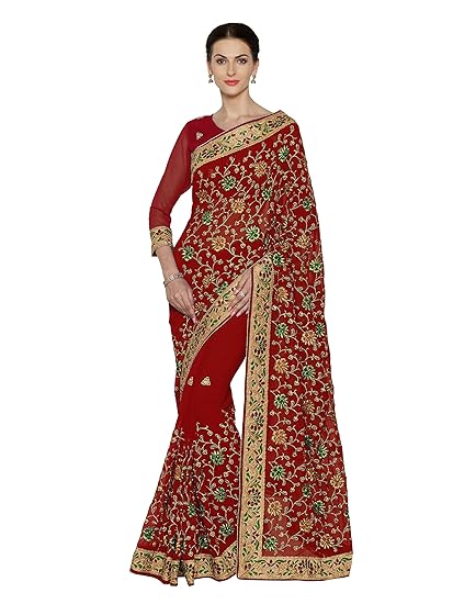 Womens Faux Georgette Embroidered Bridal Saree