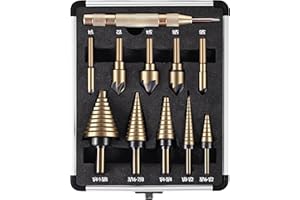 AIMLENTOOL 5Pcs Step Drill Bit & 5Pcs Countersink Drill Bit Set, Titanium Coated, HSS Step Bit, 50 Sizes of Step Bit for Metal with Aluminum Case, Multiple Hole Stepped Up Bits for DIY