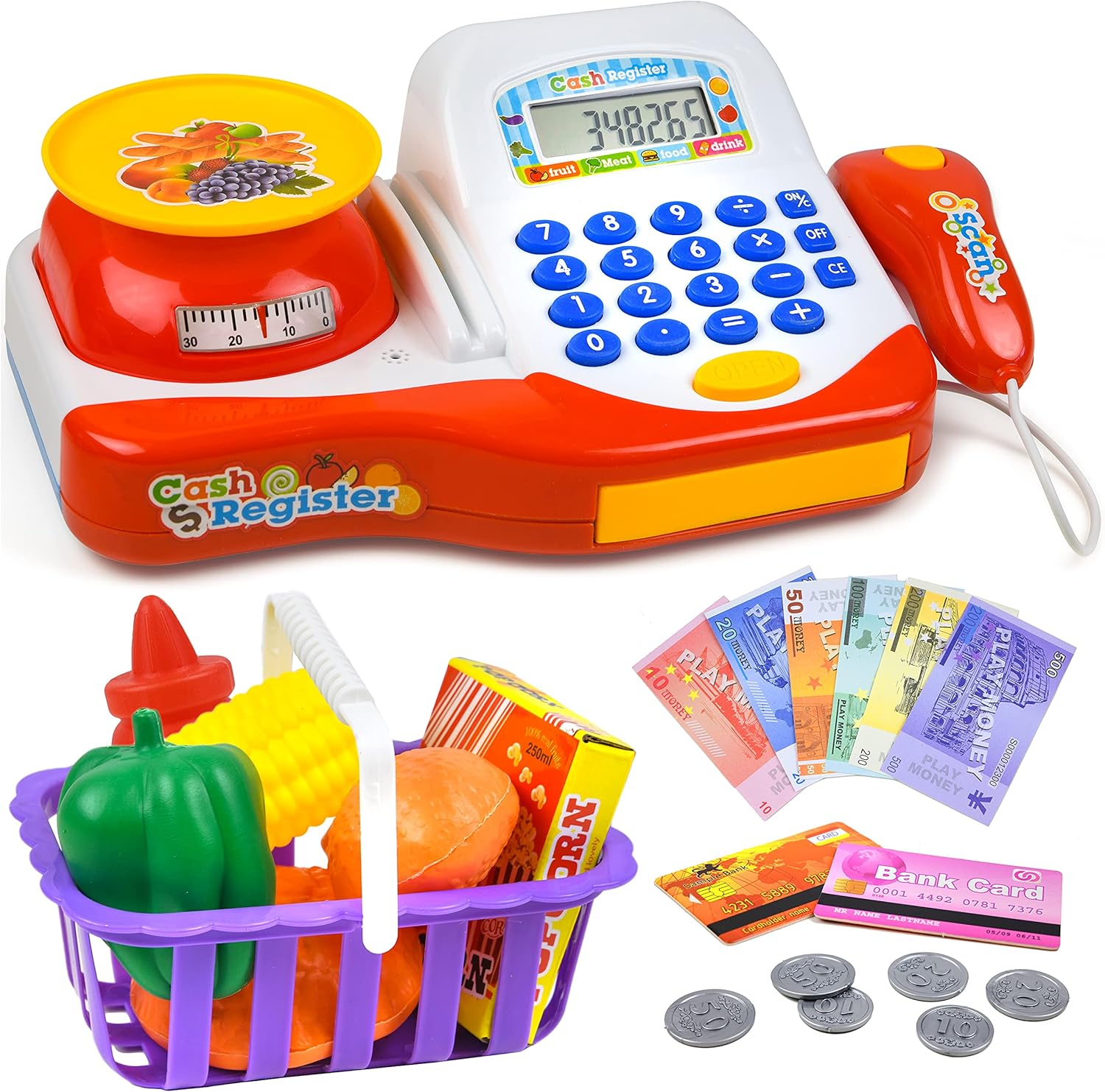 Play Brainy Play Cash Register for Kids with Scanner, Calculator, Play Food with Scale, Shopping Basket, Fake Paper Money and Coins, and Credit Cards, Interactive Early Learning Playset