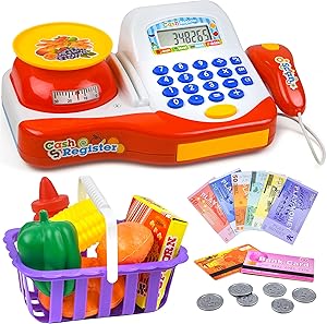 Play Brainy Play Cash Register for Kids with Scanner, Calculator, Play Food with Scale, Shopping Basket, Fake Paper Money and Coins, and Credit Cards, Interactive Early Learning Playset