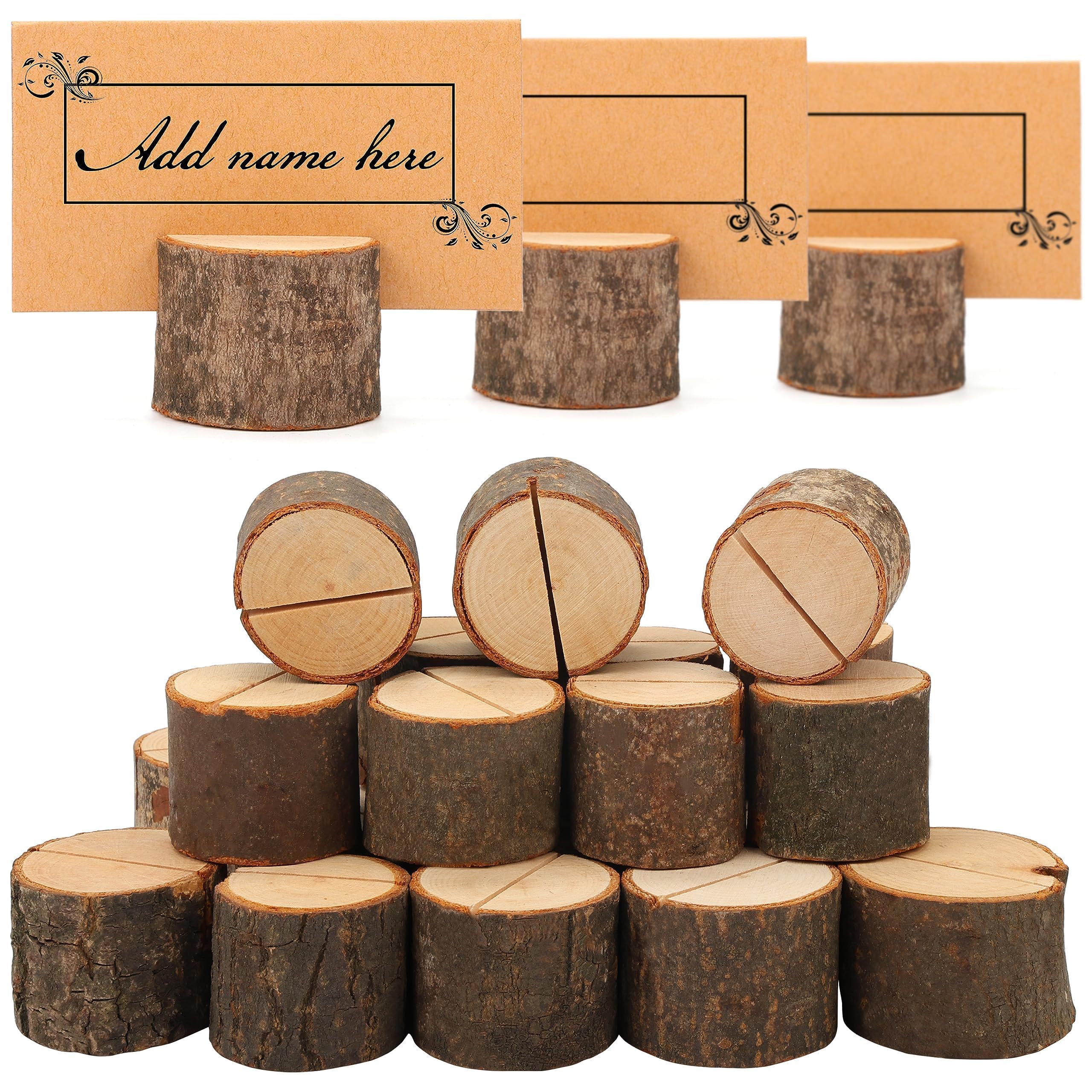 BELLE VOUS Place Card Holders - Rustic Wooden Stands with Place Cards - for Table Number, Name Card, Birthdays/Wedding Table Sign, Party , Photos, and Memo/Note Clip (Round - 30 pack), (BVOUS-BW131)