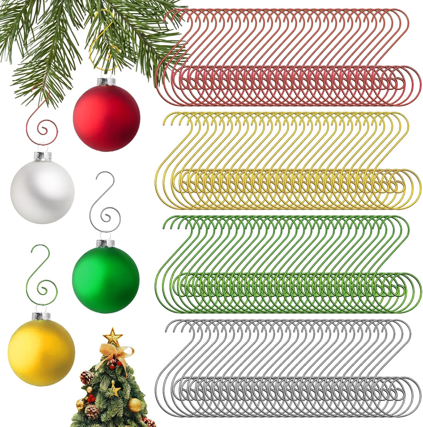 Ornament Hooks - Zddaoole 160 Pcs Christmas Ornament Hooks,Stainless Steel Christmas Tree Hanger,Party Decoration Hangers,S-Shaped Swirl Hook for Christmas Tree Decoration,Silver,Red,Green,Yellow