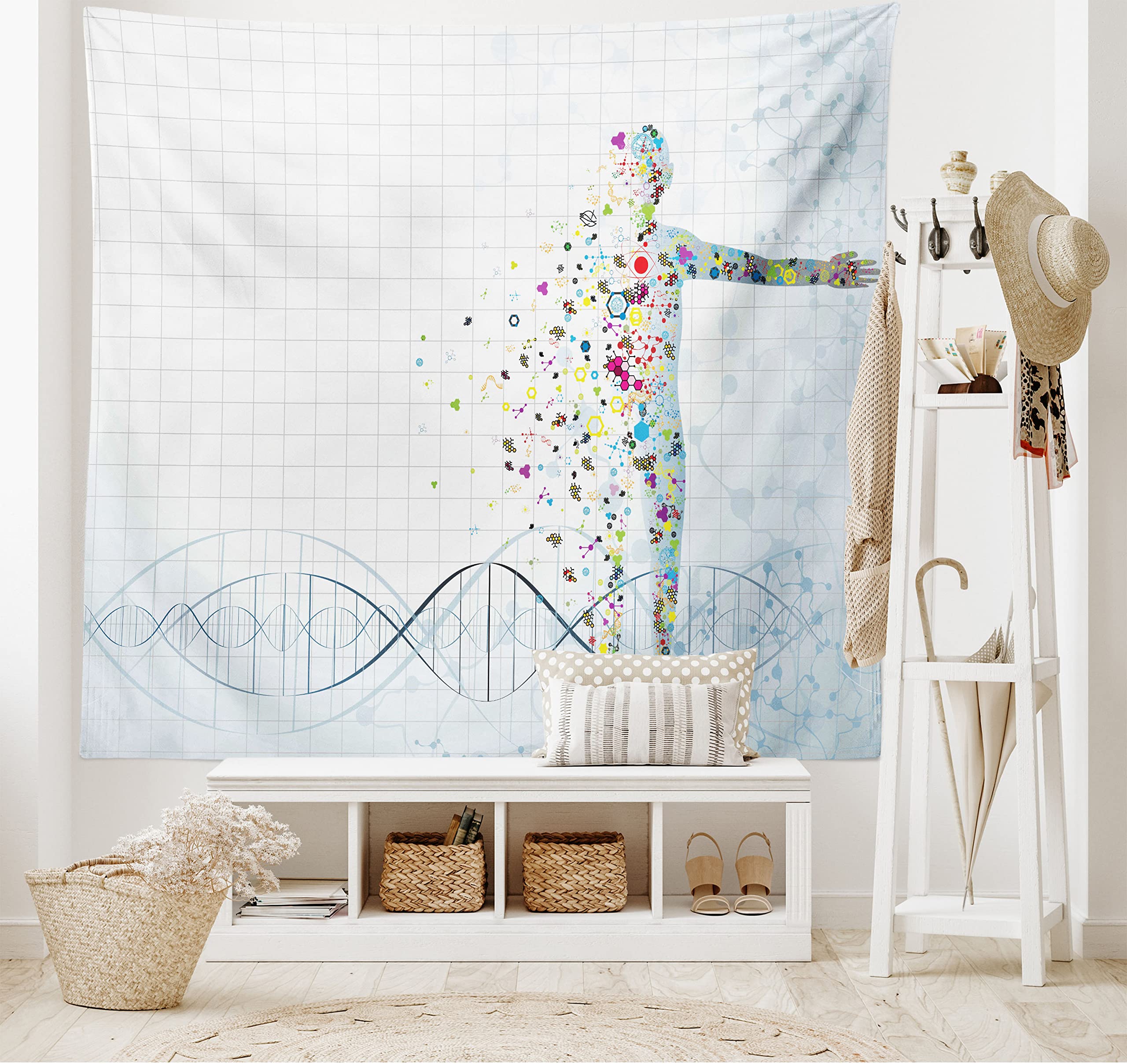 ABAKUHAUS Human Anatomy Tapestry, Digital Psychedelic Molecule Body of Human DNA Genetic Helix Life Art Design, Fabric Wall Hanging Decor for Bedroom Living Room Dorm, 90 W X 54 L, Pale Blue