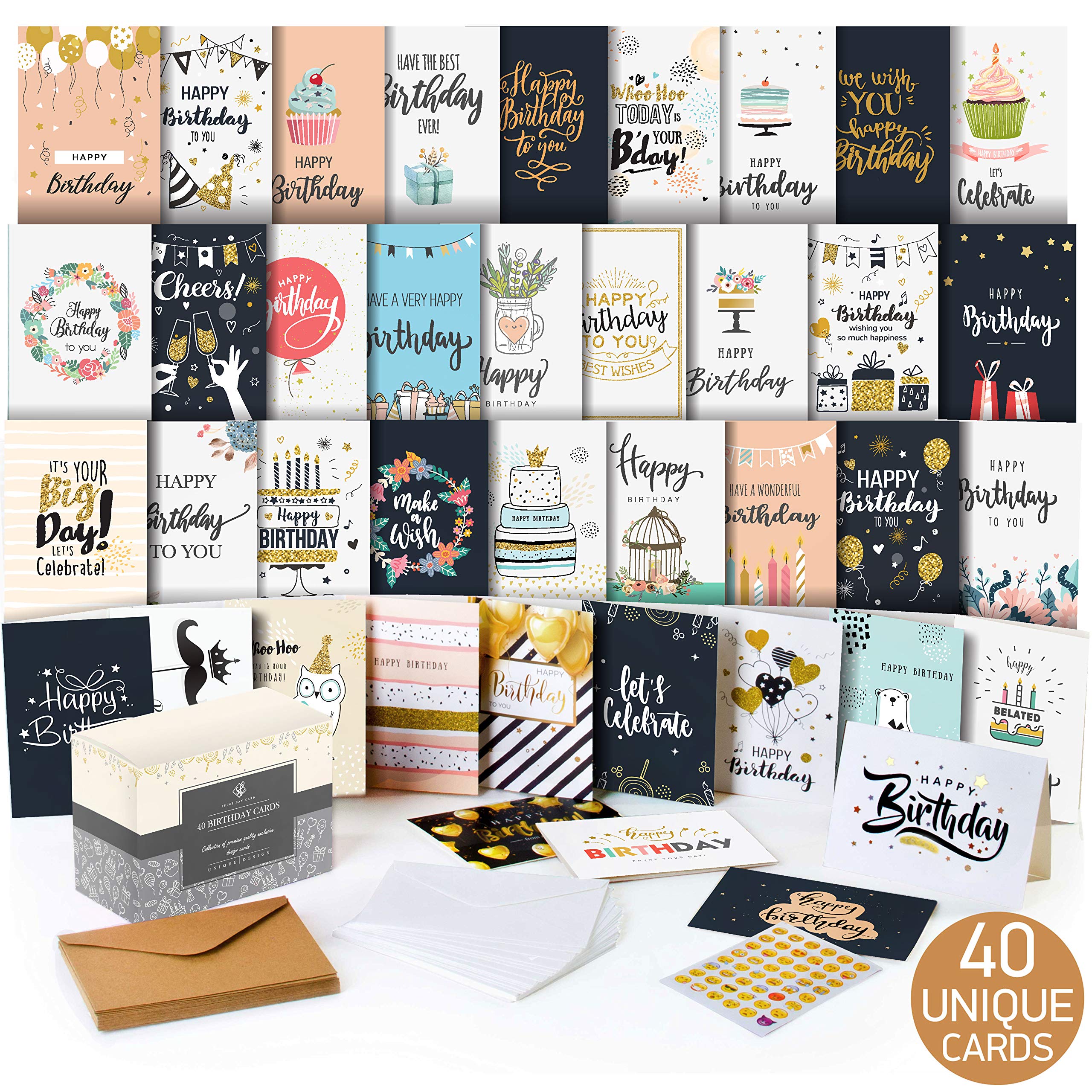 Photo 1 of Happy Birthday Cards Assortment 5x7- Bulk Bday Cards with Envelopes, Unique Designs - Greeting Message Inside - Assorted Variety Box Set Pack - 40 Birthday Card for Men Women Kids Office Employees