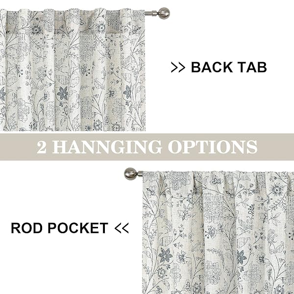 VISION HOME BLUE FLORAL LINEN CURTAINS BACK TABS ROD POCKET SEMI SHEER FARMHOUSE WINDOW CURTAINS FOR BEDROOM LIVING ROOM LIGHT FILTERING DRAPES 63 INCH BLUE ON BEIGE 2 PANELS,54″ WX63 L