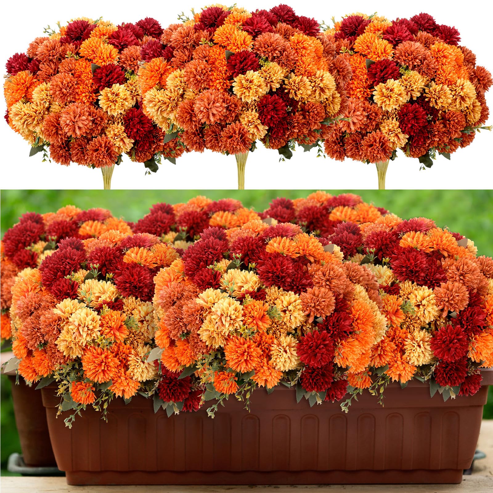 Photo 1 of 12 Pcs Artificial Fall Flowers Faux Mums Burnt Orange Flowers Assorted Fake Silk Mums Chrysanthemums Bouquet Fall Marigold for Vase Table Floral Arrangement for Wedding Home Outdoor Autumn Decorations