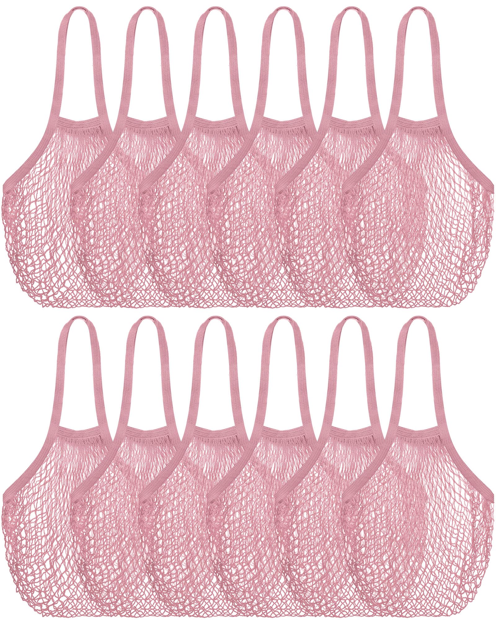 Photo 1 of Eccliy 12 Pieces Farmers Mesh Grocery Bag Beach Bags Bulk Reusable Cotton Net Aesthetic Portable Tote with Handles for Fruit Vegetable (Dark Pink)