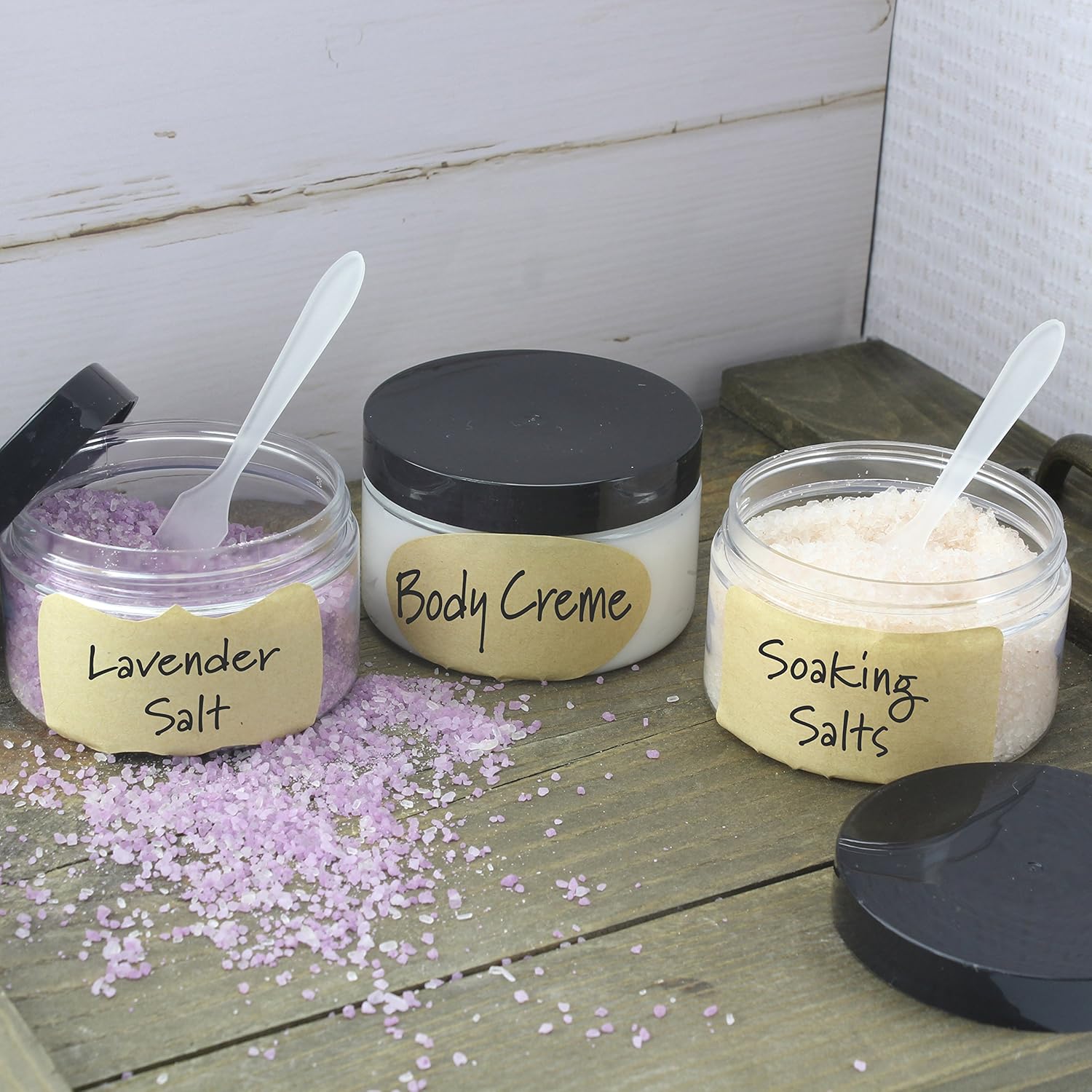 4oz Clear Plastic Jars with Labels & Spatulas & Lids (12-Pack); Straight Sided PET Low Profile BPA-Free Containers Great for Cosmetics, Kitchen, Gifts & Travel (12-Pack, Clear): Industrial & Scientific