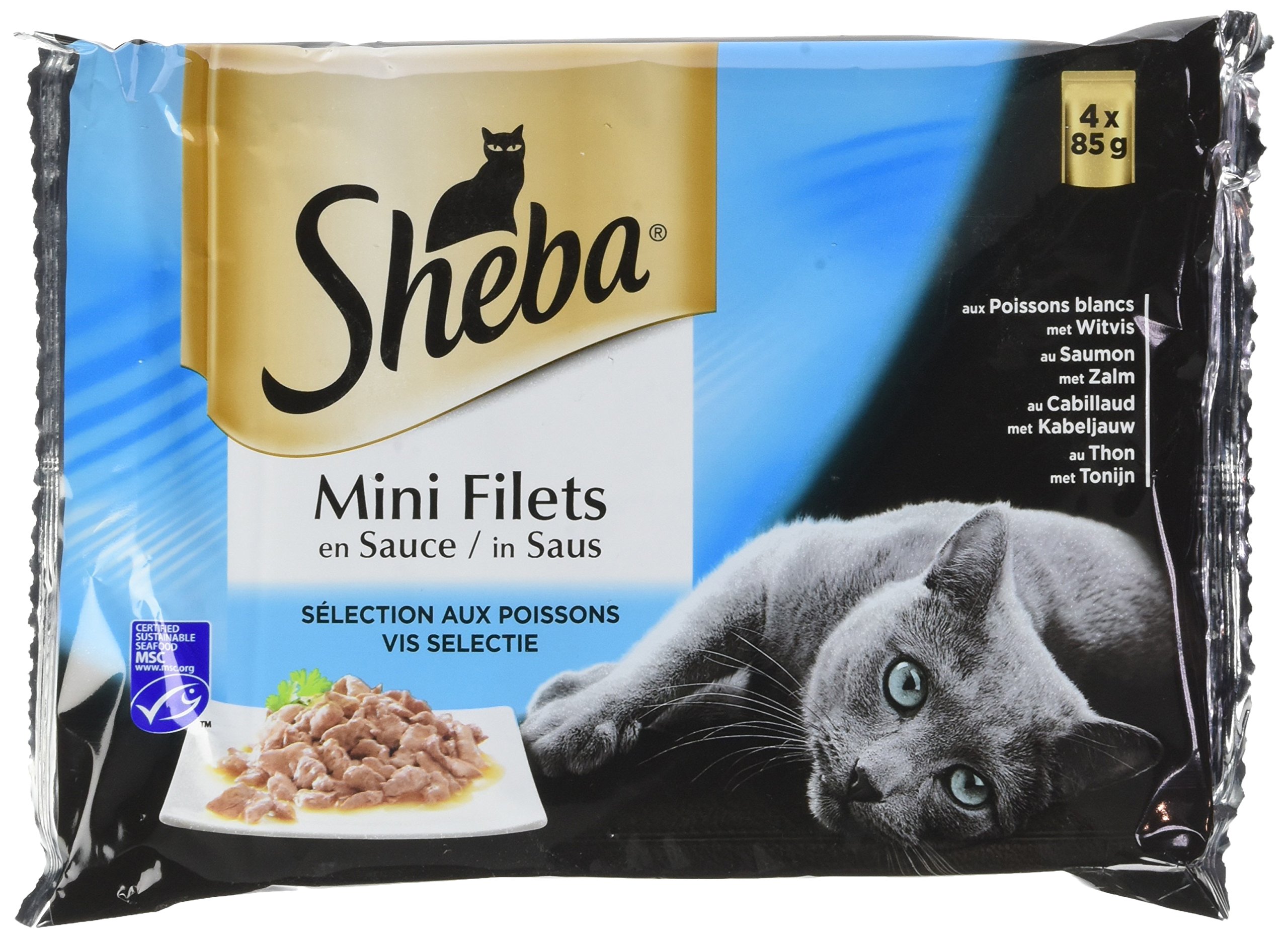 Sheba Mini Adult Cat Sauce Net - Wet Food for Cats - Fish Selection - 52 x 85g Freshness Bags