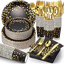 201 Pieces Gold Disposable Party Dinnerware Set & Golden Dot