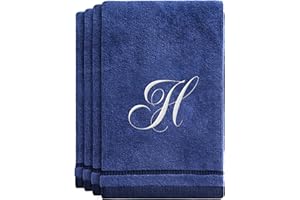 Creative Scents Navy Blue Monogrammed Towels with Initials - 4 Pack Super Absorbent Bathroom Fingertip Cotton Towel with Soft Velour Finish - Personalized Gifts for Freinds & Family 11"x18" Initial H