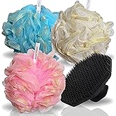 Extra Large Luxury Shower Loofah, (Set 3 Pack,75g) with Silicone Face Scrubber | Exfoliating Bath Sponge Loofa Pouf for Women & Men, Creates Rich Foam for spa Like Bath exprience