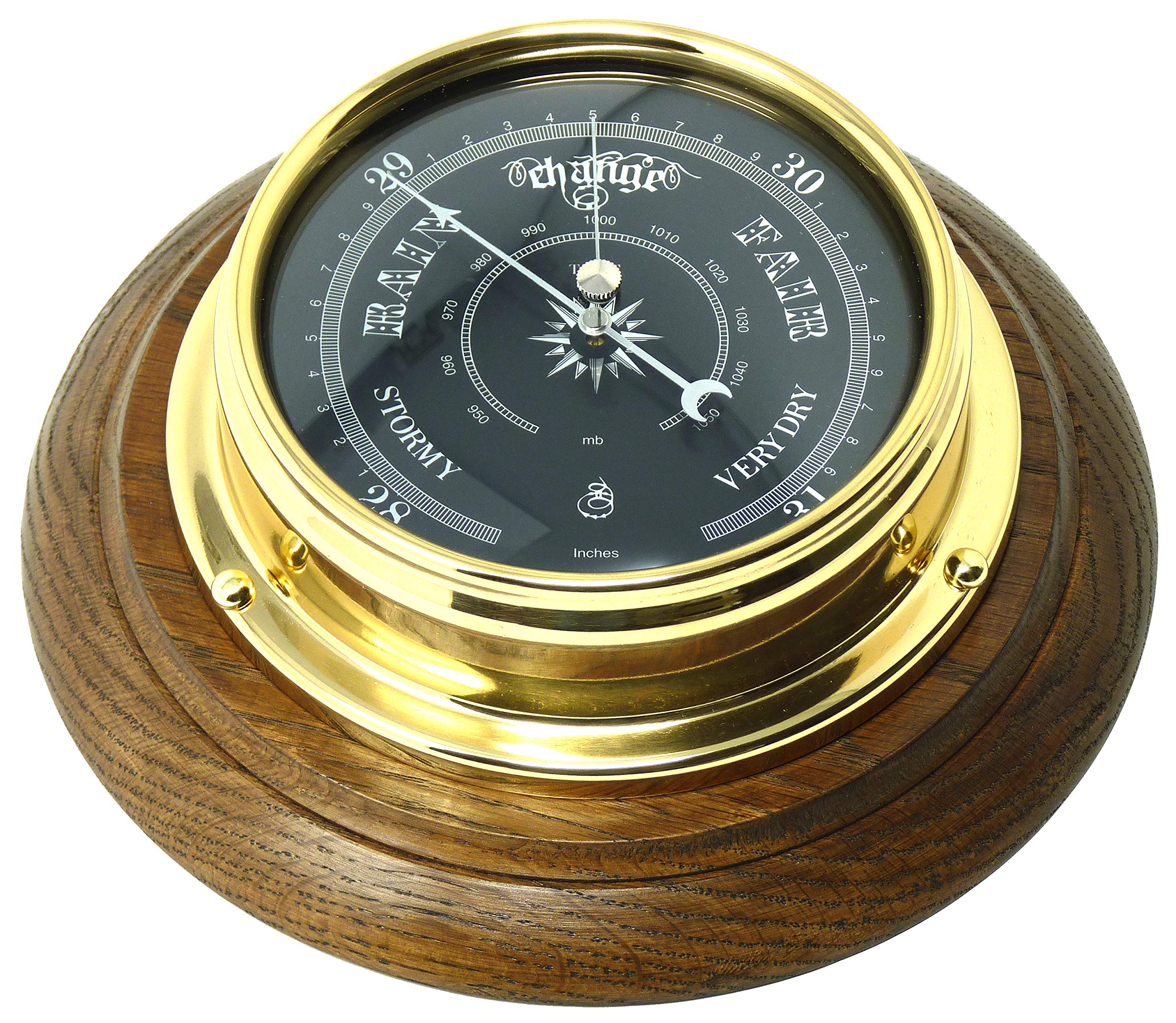Tabic Prestige Solid Brass Traditional Barometer Mounted on a Solid English Oak Mount, Handmade In England, with jet black mirrored aluminium dial