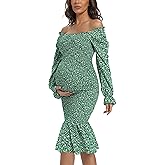 Maternity Fall Floral Midi Bodycon Dresses, Long Puff Sleeve Square Neck Ruffle Hem Mermaid Baby Shower Dress Green L