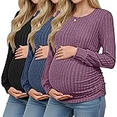 Oakgarden 3 Pack Women's Maternity Shirts Ribbed Long Sleeve Tops Pregnancy Sweaters Crew Neck Knit Side Ruched Tunic Tees