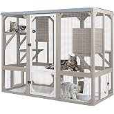 PetsCosset Catio Cat Enclosures Cat's House for Indoor Outdoor for 1-3 Cats | Window Cat House Wooden Pet Enclosure with Resting Room,Waterproof Roof,Jumping Playforms,Sliding Door for Perch Backyard Use