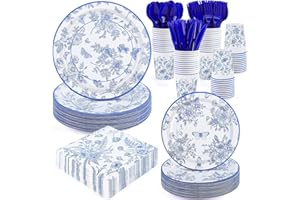 durony 350 Pieces Blue & White Floral Party Supplies 7 Inch 9 Inch Disposable Elegant Flower Paper Plates Napkins Cups Tableware Set for Wedding Baby Shower Birthday Party Chinoiserie Decor, Serve 50