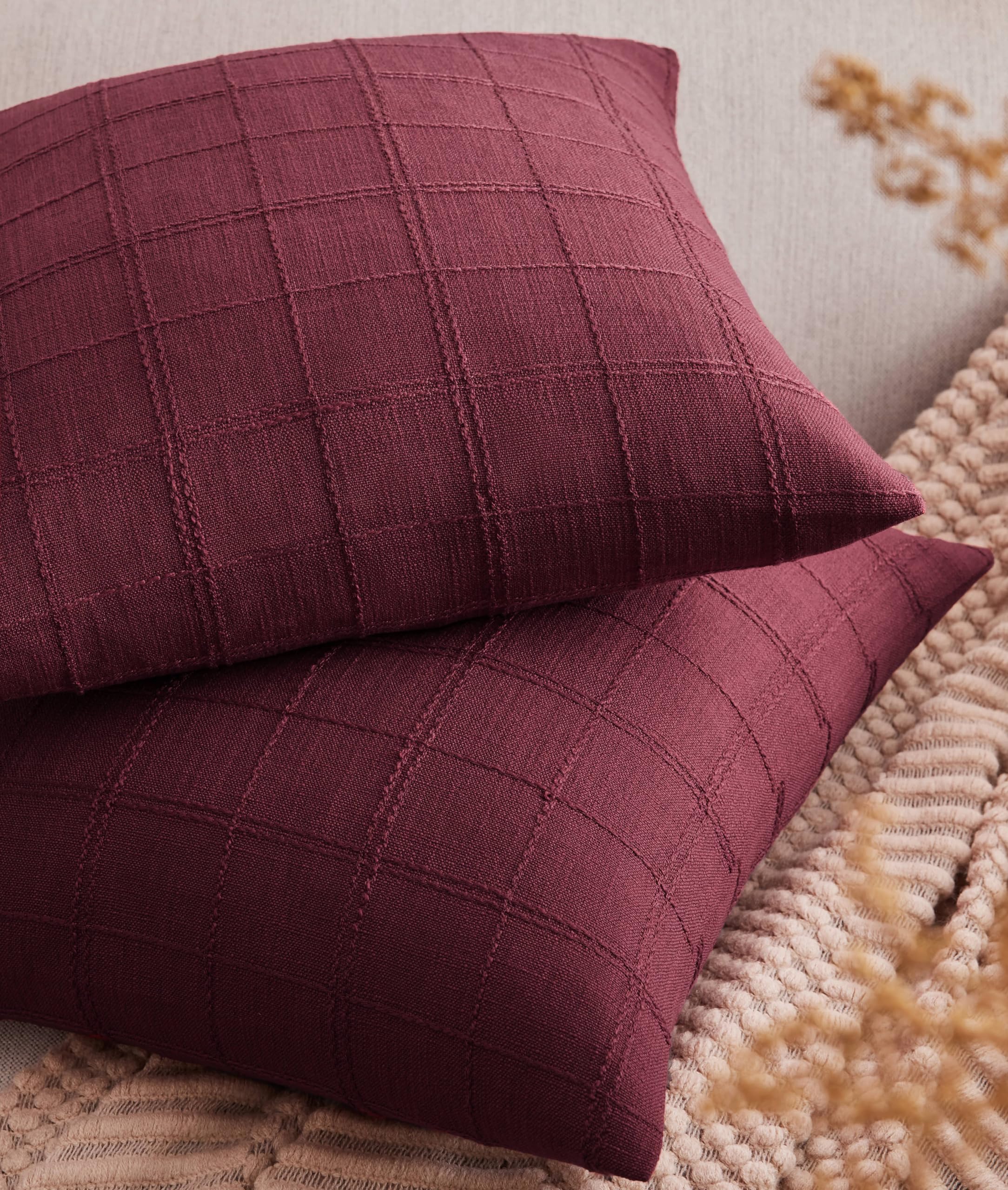 Photo 1 of ZeeMart Linen Checked Throw Pillow Covers Set of 2, 20x20 Inch Allover Grid Burgundy, Farmhouse Decorative Double Sided Grid Embroidered Couch Pillow Cases Red Cotton Linen Cushion Covers