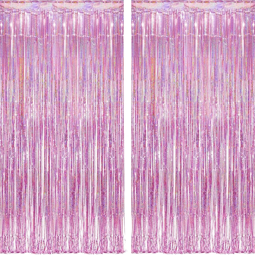Pink Foil Fringe Curtain Backdrop 2Pcs 1x2.5m Laser Sparkle