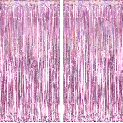 Pink Foil Fringe Curtain Backdrop 2Pcs 1x2.5m Laser Sparkle
