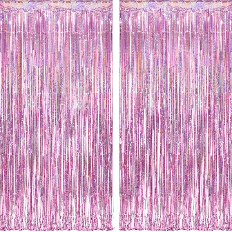 Pink Foil Fringe Curtain Backdrop 2Pcs 1x2.5m Laser Sparkle