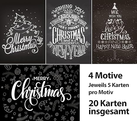 Immagini Natalizie Bianco E Nero.Set Di Cartoline Di Natale Con 20 Pezzi Cartoline Di Natale 4 Motivi Ciascuno Di 5 Cartoline Biglietti D Auguri Nero Bianco Gesso Di Typographie Merry Christmas Amazon It Cancelleria E Prodotti Per Ufficio