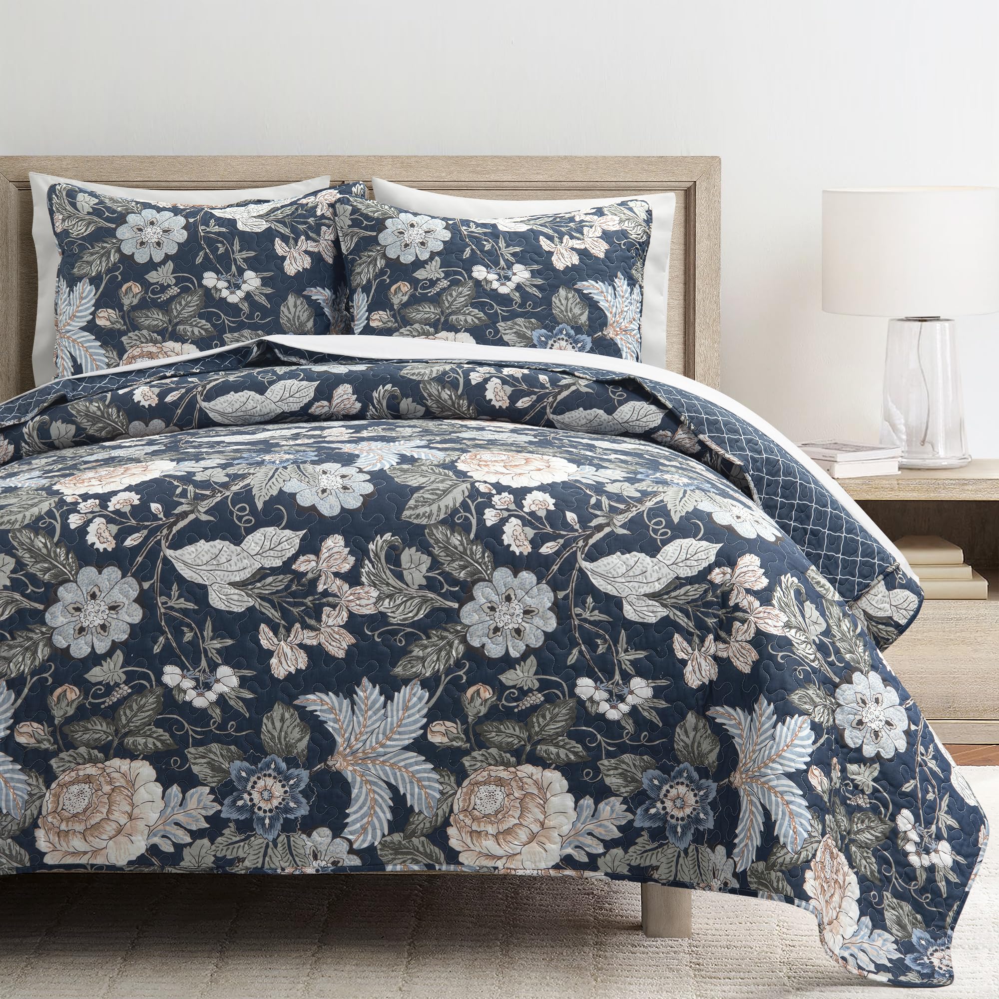 Photo 1 of Lush Decor Sydney Reversible Cotton Quilt Set, 3 Piece Set, Full/Queen, Navy & Multi - Cotton Bedding Set - Navy Floral Quilt - Cottage Decor - Bedding Queen Size