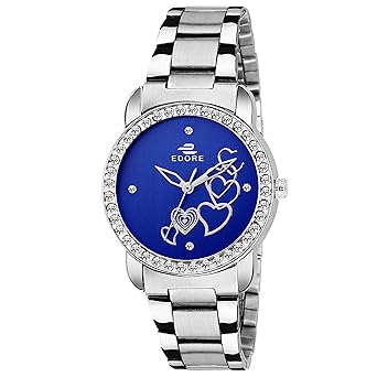 Edore Elegant Heart Studded Diamond Blue Dial Stainless Steel Band Water Resistant Watch for Women/Girls