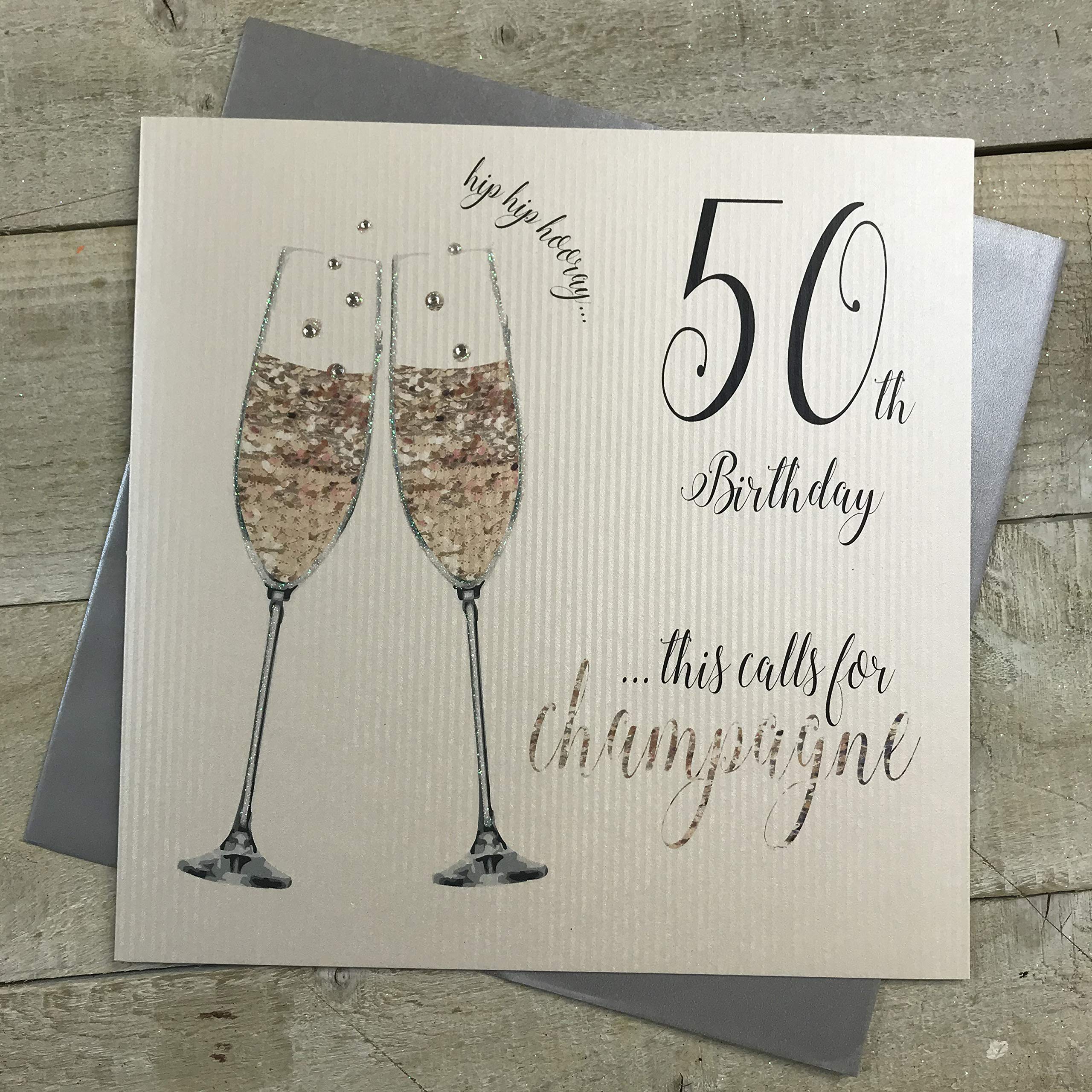 White Cotton Cards Large"50th Birthday… This Calls for Champagne" Handmade Card, XDT83-50,Green,22cm x 22cm