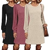 Velvelhall 3 Pack Women's Long Sleeve Sweater Dress Ribbed Knit Crew Neck Tunic Dresses 2025 Fall Casual Trendy Outfits