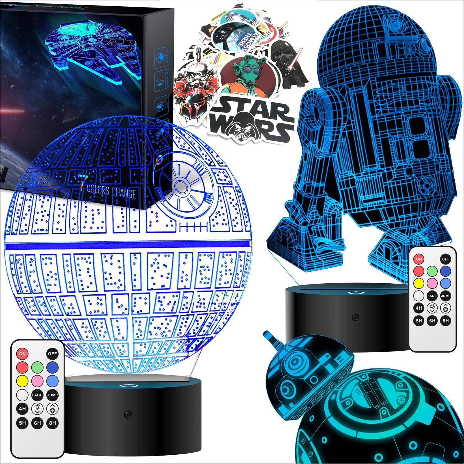 Star Wars Gifts for Men - Star Wars Toys Night Light 3D Lamp for Kids,7 Color Changing with Remote or Touching,Decorating Kids Bedroom.2019 Gifts for Star Wars Fans (4 Packs-Bigger-Brighter)