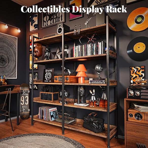 HUUGER 5 TIER BOOKSHELF, DISPLAY BOOKSHELF WITH 10 OPEN SHELVES AND RAISED BAFFLE, 47.2 INCH STRAIGHT WIDE BOOKCASE WITH METAL FRAME AND WOODEN BOARD, ADJUSTABLE FEET, RUSTIC BROWN