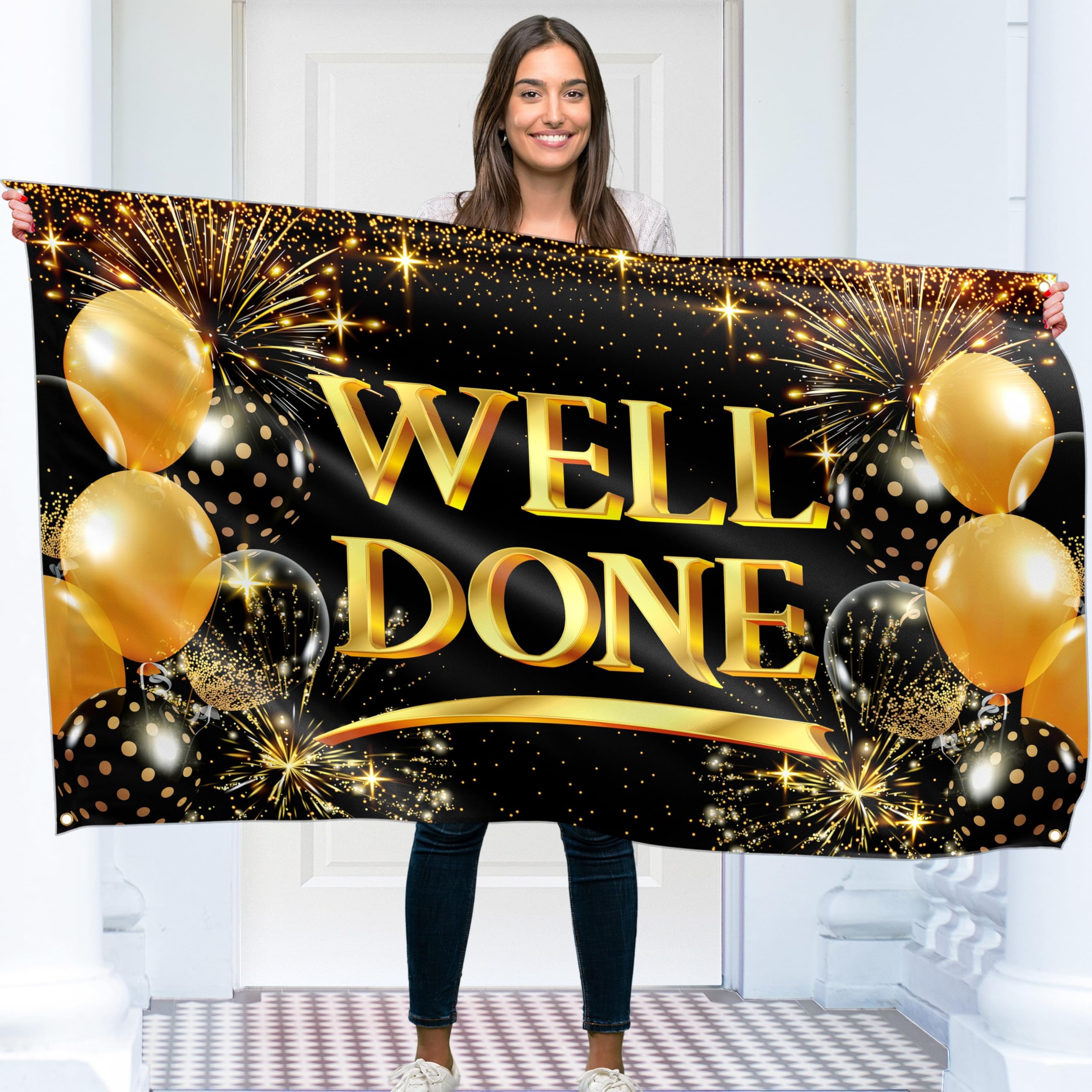 Congratulations Banner - Graduation Decorations 5ft x 3ft - Well Done Banner - We are so Proud of You – You Did It (Black & Gold)