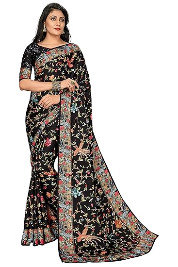 Womens Satin Saree with Blouse Piece (miraki101, Black)