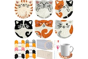 WATINC Cats Punch Needle Coaster Kit - 22Pcs Easy Art Work Decor Craft Supply for Beginners, DIY Set of 6 Puppy Pets Pattern Tufted Rug Pads with Adhesive Felt Yarns Embroidery Hoop Tools Instruction